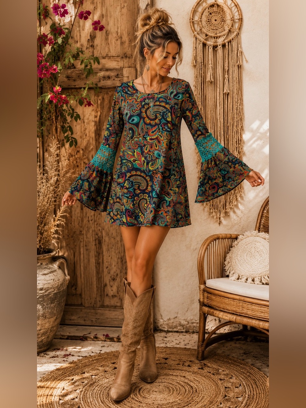 Lady Noiz Boho Paisley Tunic Dress | Teal Multi Bell Sleeve Crochet Detail SizeM